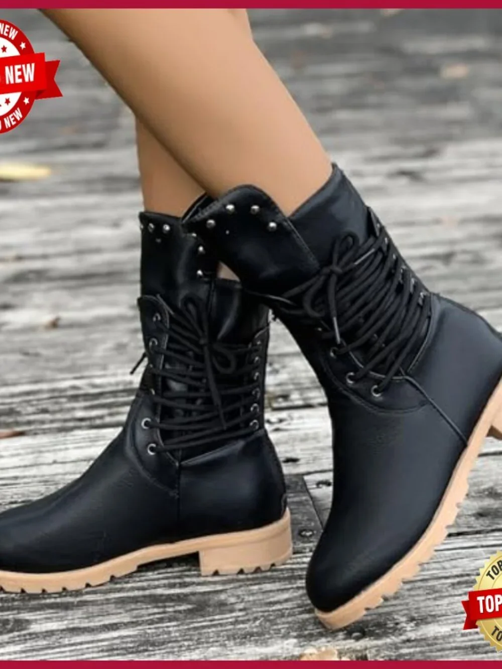 Leather Side Lace Up Chunky Heel Ankle Boots Combat Motorcycle Riding Boots